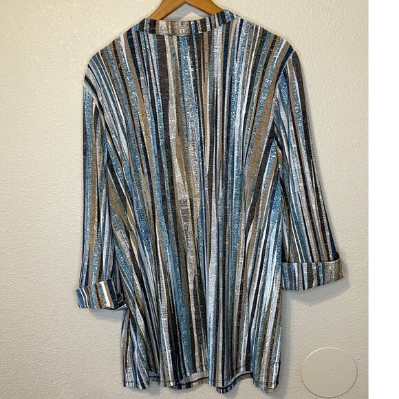 Ava & Grace Boho Retro Brown & Blue Striped Roll Tab Sleeve Half Button Top 1X - Picture 2 of 11